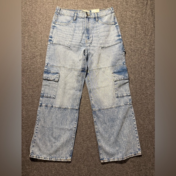 SO High Rise Cargo Wide Leg Jeans Women’s Large 32x30 blue lightwash cotton NWT - Picture 1 of 12